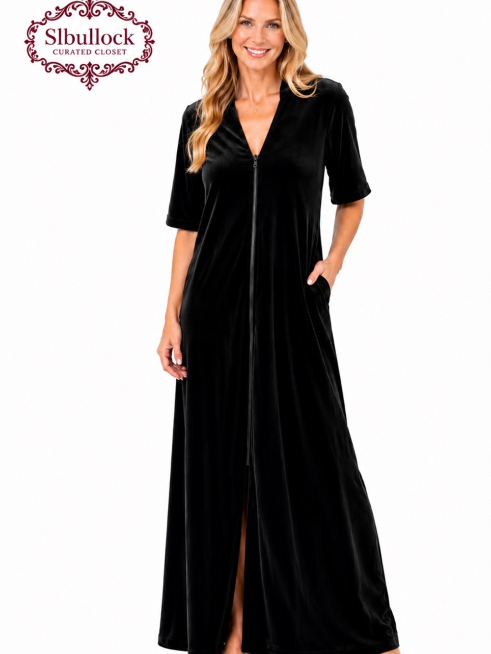 SHIMERA Black Velvet Zip Front Lounge Robe Duster 1X Stretch Maxi Glam